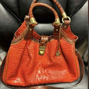 Brahmin Red and Brown Crocodile Satchel